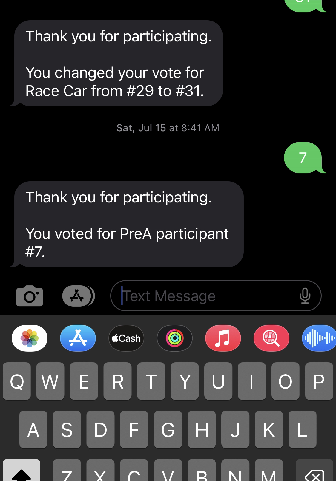 A users votes are recorded via SMS